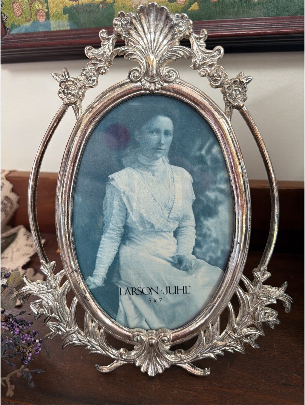Vtg 5x7 Silver Tone Metal Picture Frame Ornate Easel Back Victorian Baroque Oval
